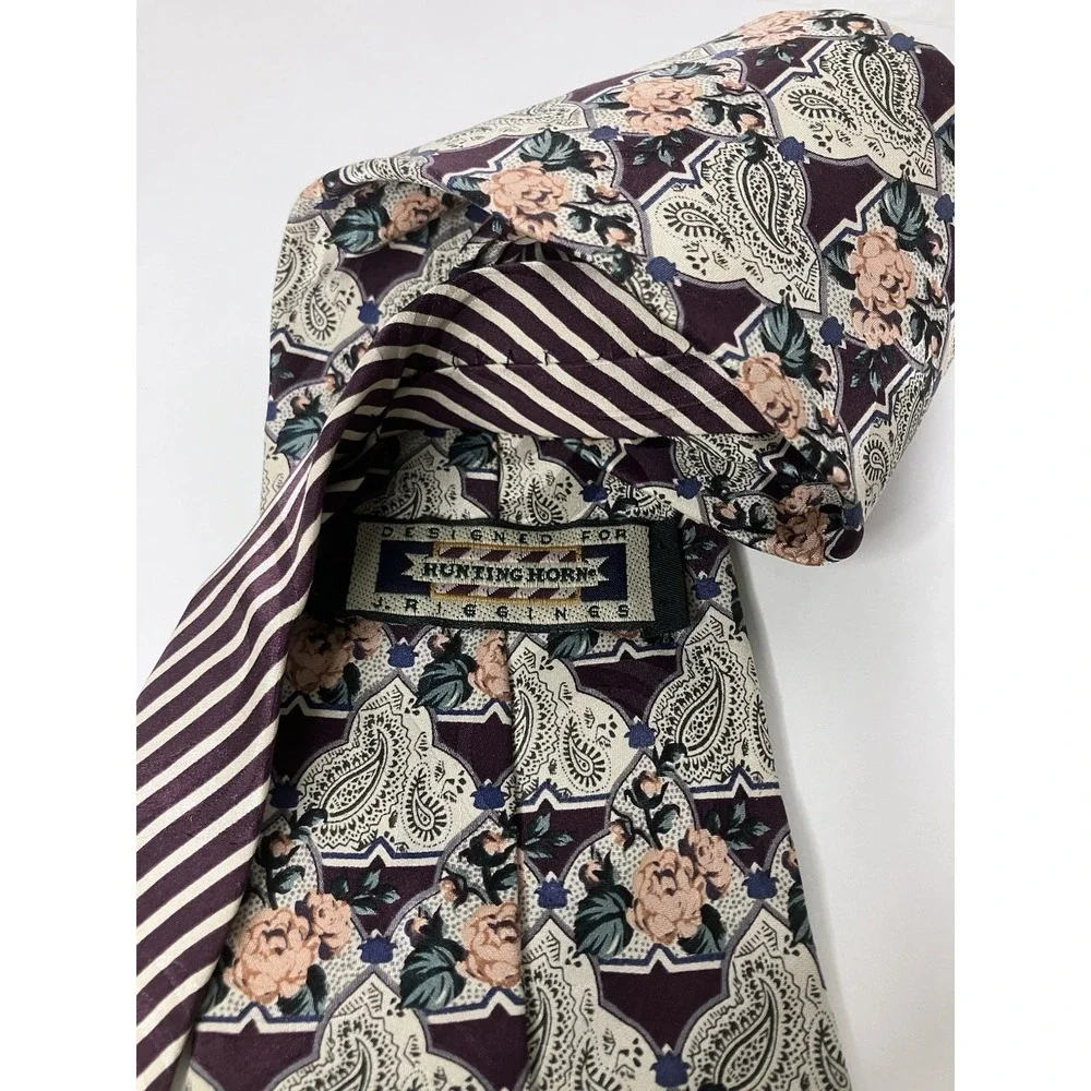 Hunting Horn J. Riggings 100% Silk Made in USA Necktie Tie Floral Stripe Pattern